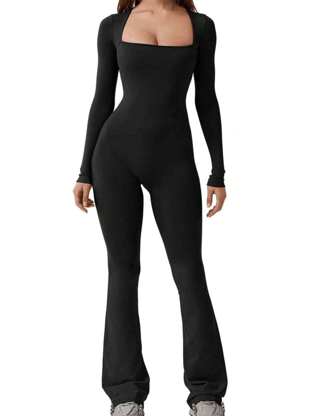 INAWLY Women'S Square Neck Long Sleeve Flare Jumpsuit Fall Cloth for Women